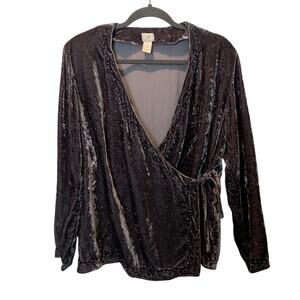 J. Jill Plus Sz 12 Grey Crushed Velvet Long Sleeve True Wrap Top Beaded Blouse